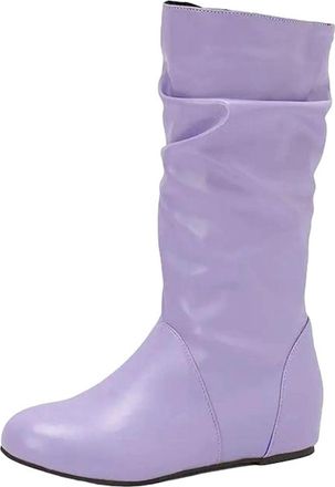 Generic Womens Fashion Mid Calf Booties Round Toe High Height Increasing Heel Slip On With Pleated Shaft Design