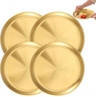 OEM Set Di 4 Piatti Rotondi In Metallo, Piatti In Acciaio Inox, Vassoi Da Portata Rotondi In Metallo, Contenitori Per Alimenti (20 Cm), Piastre Infrangibi
