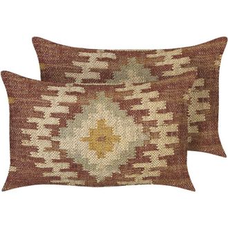 Beliani Conjunto De 2 Cojines De Yute Algod&oacute;n Lana Rojo Beige 30 X 50 Cm A Mano Beel