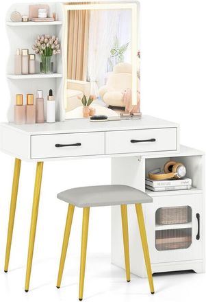 Costway Modern Vanity Set Mirror Lights Dressing Table with Stool Reversible White