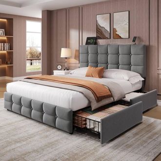 Merax 4ft6 Double Velvet Upholstered Bed with 4 Drawers & Charging Headboard in Grey