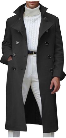 Generic Trench Coat Men Lapel Neck Double Breasted Overcoat Roll Up Sleeve Full Length Classic Winter Jacket with Pockets Thermal Windproof Outerwear Solid Co