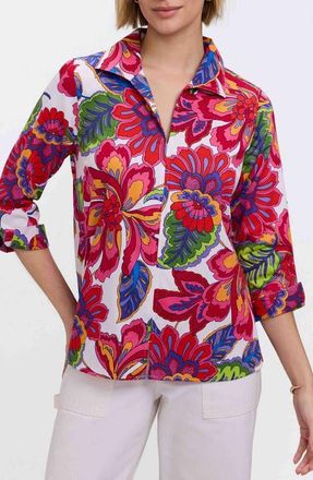 Foxcroft Agnes Paradise Blooms Three-Quarter Sleeve Cotton Popover Top in Pink/Multi at Nordstrom, Size X-Large