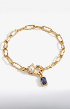 Mint & Lily Paperclip Bracelet with Pearl Accent with Dainty Baguette Birthstone Charm in June Alexandrite at Nordstrom, Size 8