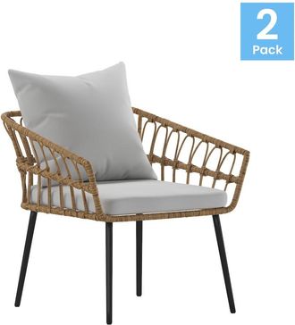 Flash Furniture Set of 2 Boho Rope Rattan Wicker Patio Chairs with Gray Cushions, Natural