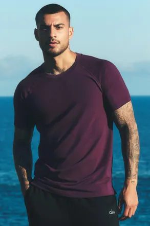 Alo Vapor Crewneck Short Sleeve Top in Rich Bordeaux, Size: Medium