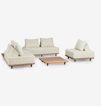 Sklum Conjunto De Jard&iacute;n Con Sof&aacute; Modular Rinconera De 2 Piezas,mesa Auxiliar,sill&oacute;n Y Mesa De Centro 95x95 Cm En Acacia Portet Sklum