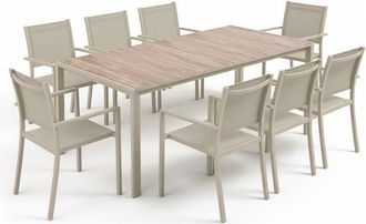 Oviala Conjunto de mesas de jard&iacute;n aluminio efecto madera y 8 sillones beige