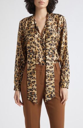 Marella Leopard Printed Silk Tie Neck Shirt in Beige Spotted Print at Nordstrom, Size 10