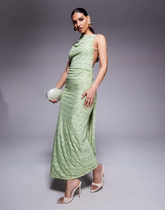 Asos Vestito lungo senza maniche verde con schiena scoperta e dettaglio drappeggiato