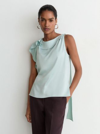 Reiss Aqua Blue Satin Sleeveless Frill-detail Top, 18