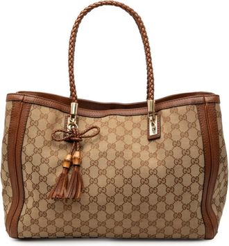 Gucci Beige Brown Gg Canvas Leather Shoulder Bag Tote Bag (Pre-Owned)