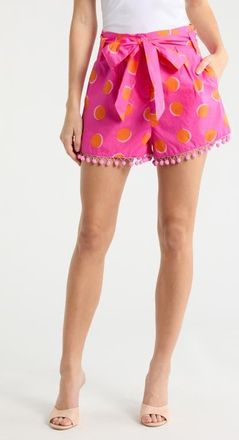 Sugarlips Rosy Polka Dot Pompom Cotton Shorts in Fuchsia-Orange-Dot at Nordstrom, Size X-Small