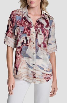 DKNY Abstract Print Roll-Tab Sleeve Button-Up Shirt in Urban Sandstorm at Nordstrom, Size X-Large