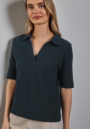 Street One Poloshirt STREET ONE, Damen, Gr. 36, gr&uuml;n (hunter gr&uuml;n), Web, Obermaterial: 52% Polyester, 47% Baumwolle, 1% Elasthan, unifarben, gerade h&uuml;ftbedeckend