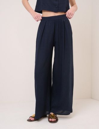 Nobody's Child Navy Linen-Blend Wide Leg Trousers