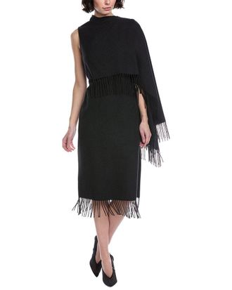 Oscar De La Renta Oscar De La Renta Fringed Cape Wool Midi Dress