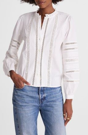 Madewell High Neck Lace Detail Pintuck Cotton Top in White at Nordstrom, Size Xx-Small