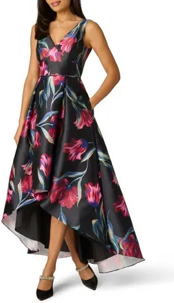 Adrianna Papell Floral Print Mikado High/Low Gown in Black Multi at Nordstrom, Size 16