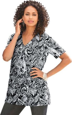 Roaman's Plus Size Cotton Ultimate V Neck Tee in Black Graphic Paisley at Nordstrom, Size Small