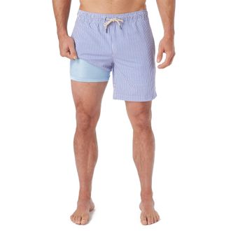Fair Harbor The Bayberry Trunk -- Mens Swim Suits with Liner, 7-inch Inseam -- Anti-Chafe Classic fit Swim Trunks, Light Blue Seersucker, XXL