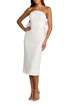 Mac Duggal Beaded Lace Strapless Bow Detail Fitted Midi Dress in Ivory at Nordstrom, Size 12