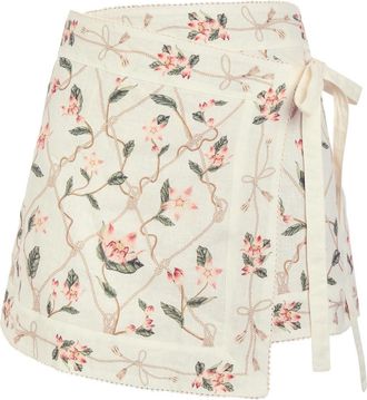 Agua Bendita Luna Floral-print Linen Mini Wrap Skirt - Multicoloured - XS/S (UK6-8 / XS)