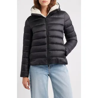 Save The Duck Gretel Faux Shearling Lining Hooded Puffer Jacket in Black at Nordstrom, Size 3