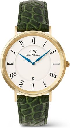 Daniel Wellington Classic Roman Numerals Leather Strap Watch, 40mm in White/gold/green at Nordstrom