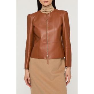Lafayette 148 New York Puff Shoulder Lambskin Leather Jacket in Copper at Nordstrom, Size X-Large