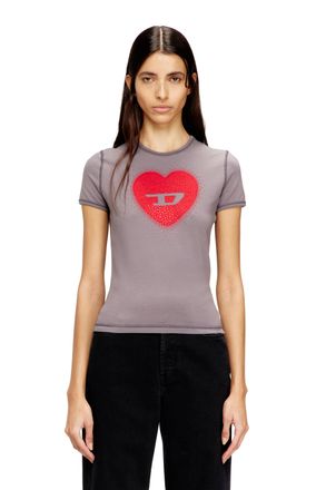Diesel Slim T-shirt with heart print and studs - T-Shirts - Woman - Grey