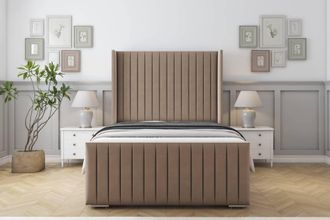 Sloomy Marlborough Plush Frame-Mattress-50 Upholstered Wingback Headboard in Taupe | Size: Double