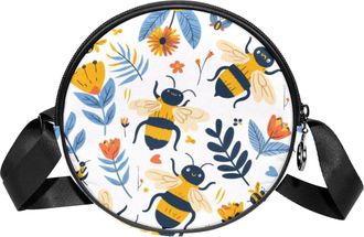 Generic Circle Crossbody Bag for Women, Bee Flower Small Sling Bag Daypack with Zipper Adjustable Shoulder Straps Casual Ladies Girls Round Purse