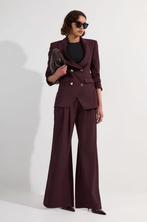 Karen Millen Womens Pinstripe Corseted Tailored Wide Leg Trouser - Red - Size 10 UK