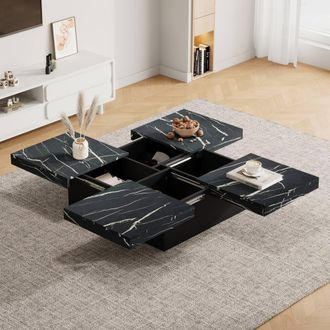 Matteo Modern Square Coffee Table - Faux Marble Top & Sliding Drawers in Black