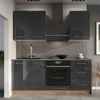 Vicco Cocina Para Solteros Fame-line, Antracita Alto Brillo/roble Dorado, 190 Cm, Et M&aacute;rmol, Vicco