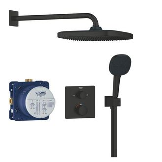 GROHE Precision showerset compleet m. handdouche &oslash;11cm m. 2 straalsoorten en hoofddouche 25x25cmm. inbouw douchekraan therm. vierkant m. omstel mat zwart