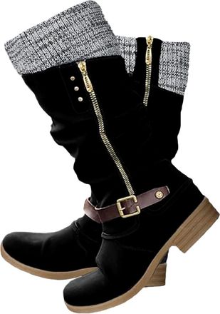 Generic Winter Warm Low Heel Knee Snow Boots for Women Retro Embroidered Mid Calf Boots Knee Heel Round Toe Western Boot Uk Round Toe Chunky Block Low Heels W