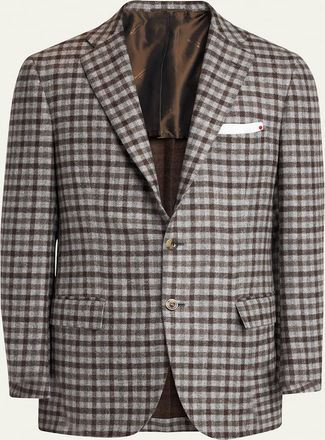 Kiton Mens Cashmere-Wool Check Sport Coat