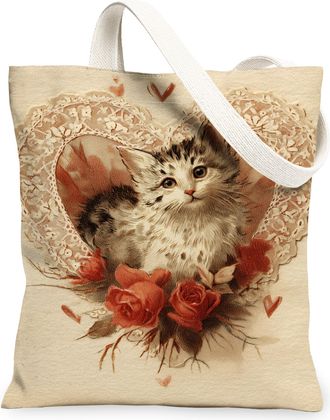 Generic Vintage Cat Canvas Tote Bags, Romantic Floral Heart Pattern Reusable Grocery Bags, Lightweight Washable Shoulder Strap Canv, Beige, 13x15 Inch