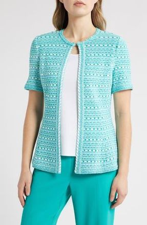 Ming Wang Mixed Stitch Short Sleeve Cardigan in Emerald Awe/Calypso Blue at Nordstrom Rack, Size Xx-Small