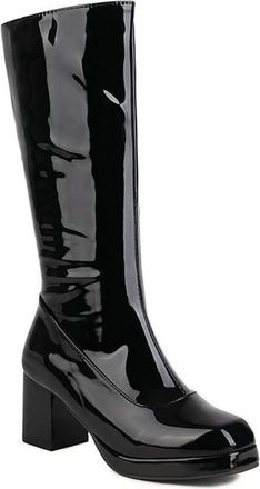 Generic Womens Fashion Square Toe Knee High Boots Patent PU Leather Chunky Platform Winter Dress Shoes for Casual and Party (Black,5.5)