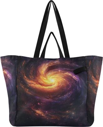 Generic Galaxy Yellow print Reusable Canvas Tote Bag, Heavy Duty Grocery Shopping Bag with Hard Bottom Double Handles Large Capacity Work Groceries Travel