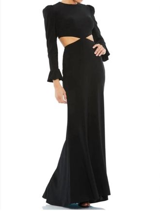 Mac Duggal Long Sleeve Puff Shoulder Cut Out Gown In Black