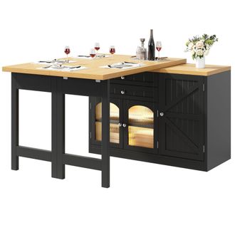 STILVORA Isla De Cocina Con 2 Cajones, Puertas De Vidrio Y Encimera Giratoria Extensible, De Mdf, 120 X 40 X 73.5 Cm, Negro