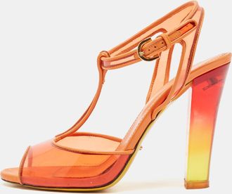 Sergio Rossi Orange Patent Leather And Pvc Open Toe T-Strap Sandals