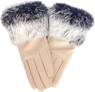 Generic WomenS Leather Gloves Sheepskin Fluffy Hairy Cuff Warm Winter Cream One Size
