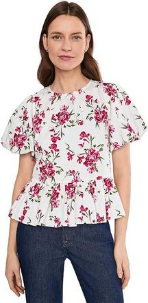 CeCe by Cynthia Steffe Puff Sleeve Shirred Crew Neck Top Womens Clothing Egret : XS, Cotton/Spandex