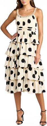 Mac Duggal Polka Dot Charmeuse Scoop Neck Ruffle Midi Dress in Black Ivory at Nordstrom, Size 14