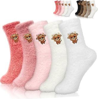 Generic Womens Cow Embroidered Plush Socks, Highland Cow Gifts, Winter Soft Fuzzy Fleece Thermal Home Sleep Fluffy Socks for Indoor Outdoor (5pairs A)